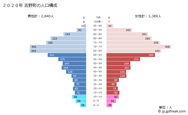 グラフ 吉野町(ﾖｼﾉﾁｮｳ 奈良県)の人口と世帯 2020年の人口ピラミッド