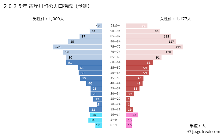 グラフ 古座川町(ｺｻﾞｶﾞﾜﾁｮｳ 和歌山県)の人口と世帯 2025年の人口ピラミッド