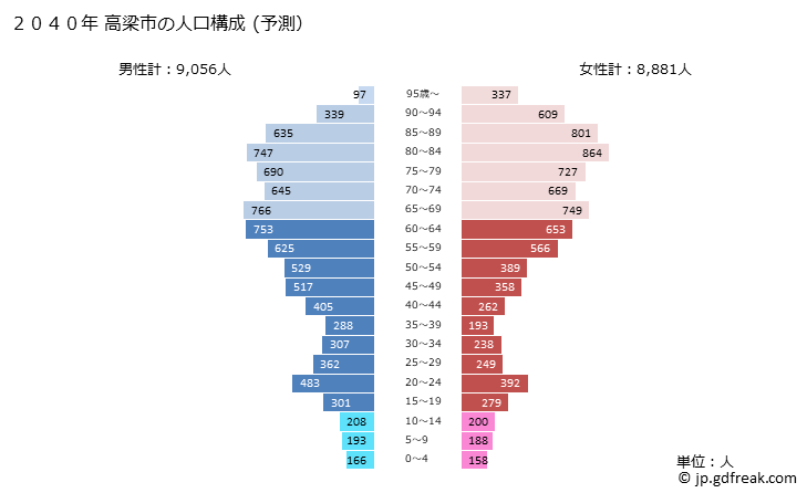 グラフ 高梁市(ﾀｶﾊｼｼ 岡山県)の人口と世帯 2040年の人口ピラミッド（予測）