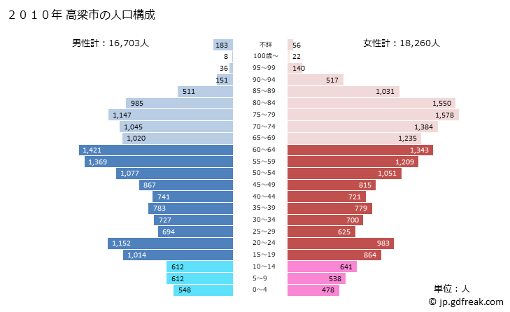 グラフ 高梁市(ﾀｶﾊｼｼ 岡山県)の人口と世帯 2010年の人口ピラミッド