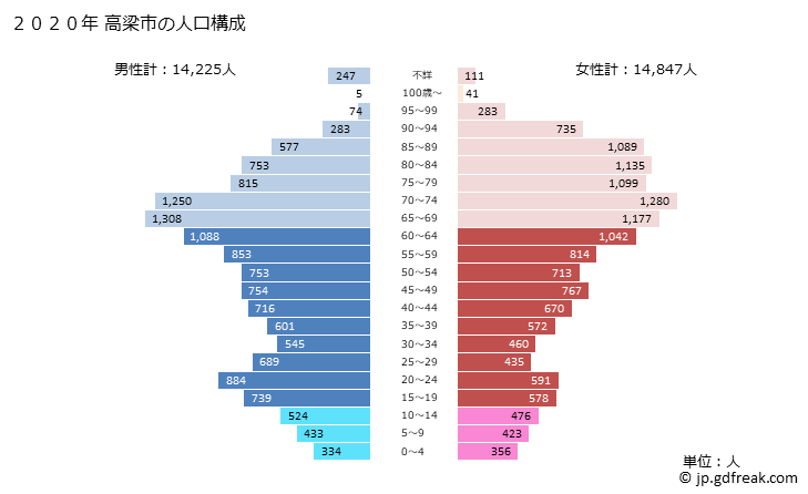 グラフ 高梁市(ﾀｶﾊｼｼ 岡山県)の人口と世帯 2020年の人口ピラミッド