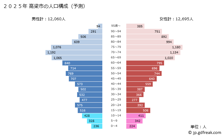 グラフ 高梁市(ﾀｶﾊｼｼ 岡山県)の人口と世帯 2025年の人口ピラミッド