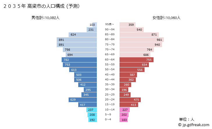 グラフ 高梁市(ﾀｶﾊｼｼ 岡山県)の人口と世帯 2035年の人口ピラミッド（予測）