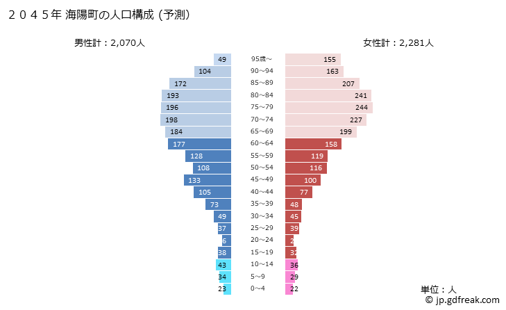 グラフ 海陽町(ｶｲﾖｳﾁｮｳ 徳島県)の人口と世帯 2045年の人口ピラミッド（予測）