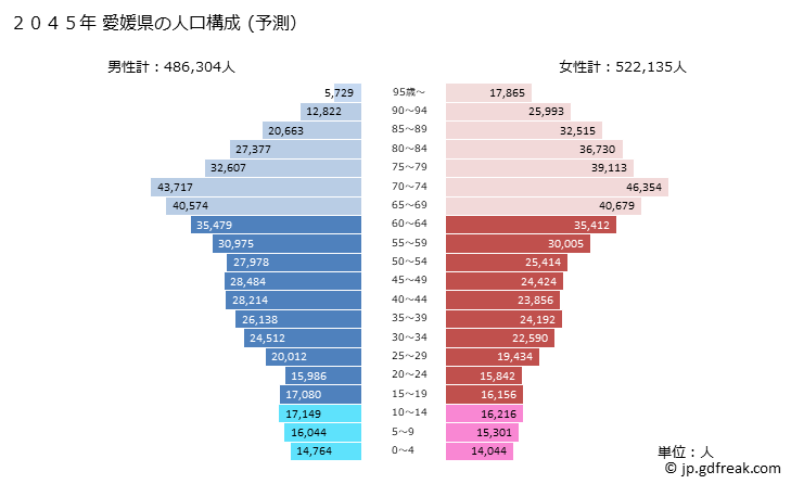 グラフ 愛媛県の人口と世帯 2045年の人口ピラミッド（予測）