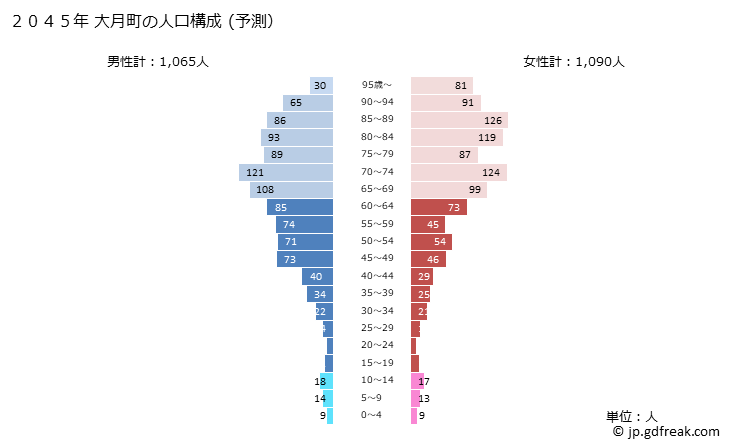 グラフ 大月町(ｵｵﾂｷﾁｮｳ 高知県)の人口と世帯 2045年の人口ピラミッド（予測）