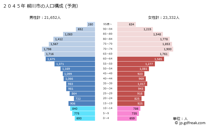 グラフ 柳川市(ﾔﾅｶﾞﾜｼ 福岡県)の人口と世帯 2045年の人口ピラミッド（予測）