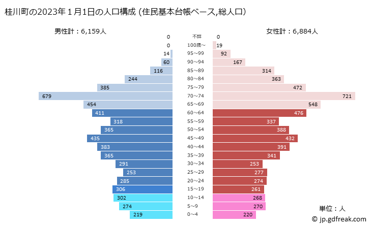 グラフ 桂川町(ｹｲｾﾝﾏﾁ 福岡県)の人口と世帯 2023年の人口ピラミッド（住民基本台帳ベース）