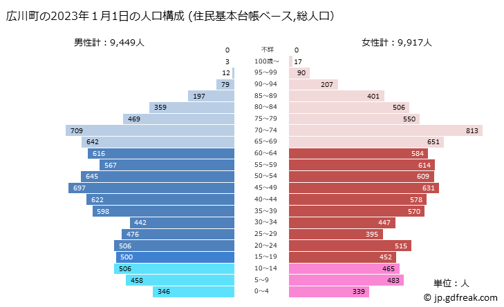 グラフ 広川町(ﾋﾛｶﾜﾏﾁ 福岡県)の人口と世帯 2023年の人口ピラミッド（住民基本台帳ベース）