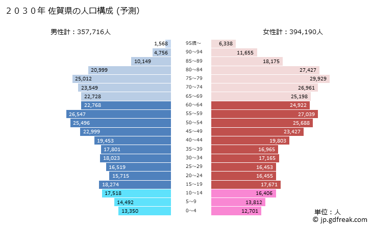 グラフ 佐賀県の人口と世帯 2030年の人口ピラミッド（予測）