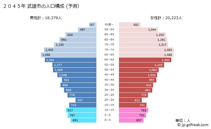 グラフ 武雄市(ﾀｹｵｼ 佐賀県)の人口と世帯 2045年の人口ピラミッド（予測）