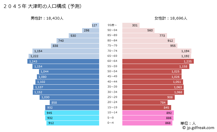 グラフ 大津町(ｵｵﾂﾞﾏﾁ 熊本県)の人口と世帯 2045年の人口ピラミッド（予測）