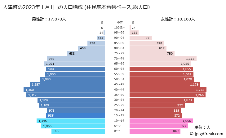 グラフ 大津町(ｵｵﾂﾞﾏﾁ 熊本県)の人口と世帯 2023年の人口ピラミッド（住民基本台帳ベース）