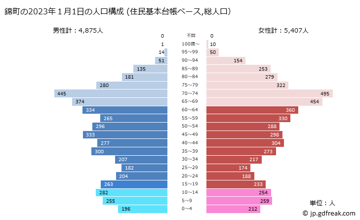グラフ 錦町(ﾆｼｷﾏﾁ 熊本県)の人口と世帯 2023年の人口ピラミッド（住民基本台帳ベース）