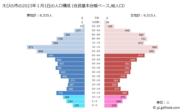 グラフ えびの市(ｴﾋﾞﾉｼ 宮崎県)の人口と世帯 2023年の人口ピラミッド（住民基本台帳ベース）