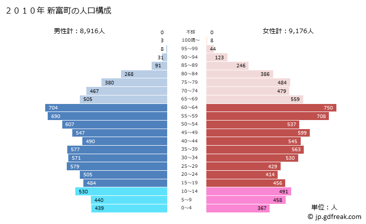 グラフ 新富町(ｼﾝﾄﾐﾁｮｳ 宮崎県)の人口と世帯 2010年の人口ピラミッド
