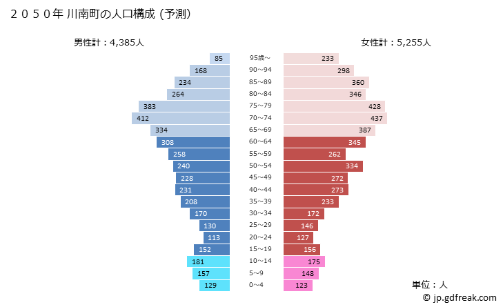 グラフ 川南町(ｶﾜﾐﾅﾐﾁｮｳ 宮崎県)の人口と世帯 2050年の人口ピラミッド（予測）