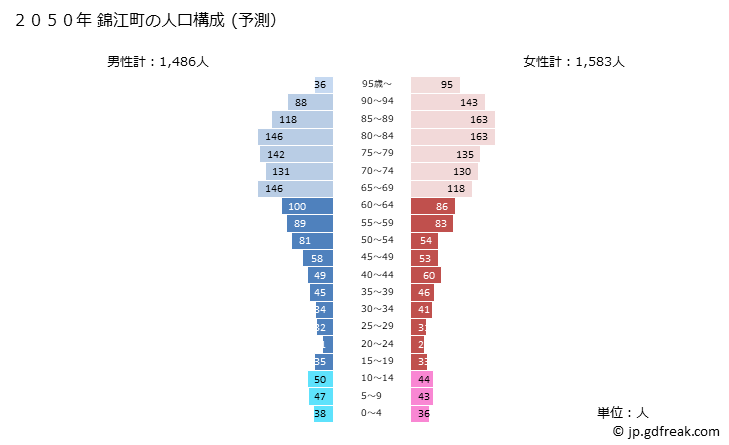 グラフ 錦江町(ｷﾝｺｳﾁｮｳ 鹿児島県)の人口と世帯 2050年の人口ピラミッド（予測）