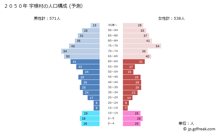 グラフ 宇検村(ｳｹﾝｿﾝ 鹿児島県)の人口と世帯 2050年の人口ピラミッド（予測）