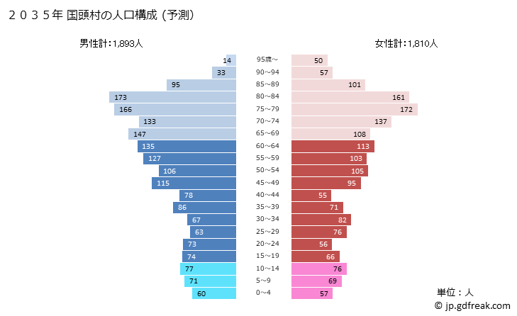 グラフ 国頭村(ｸﾆｶﾞﾐｿﾝ 沖縄県)の人口と世帯 2035年の人口ピラミッド（予測）