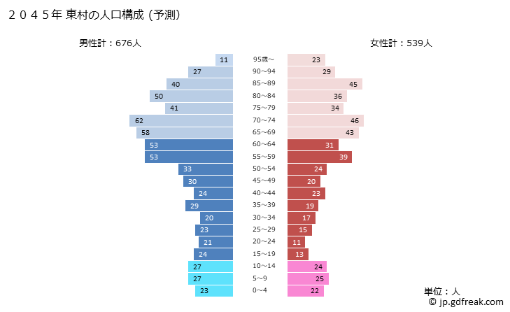 グラフ 東村(ﾋｶﾞｼｿﾝ 沖縄県)の人口と世帯 2045年の人口ピラミッド（予測）
