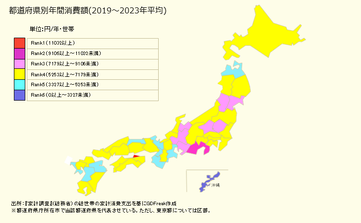 グラフ 日本そば・うどんの家計消費支出 日本そば・うどんの都道府県別年間家計消費支出