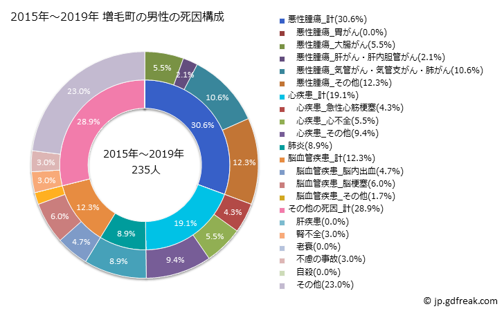 グラフ 年次 増毛町(北海道)の死亡原因の構成と死亡リスク格差(全国比) 2015年～2019年 増毛町の男性の死因構成