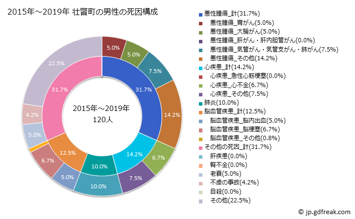 グラフ 年次 壮瞥町(北海道)の死亡原因の構成と死亡リスク格差(全国比) 2015年～2019年 壮瞥町の男性の死因構成