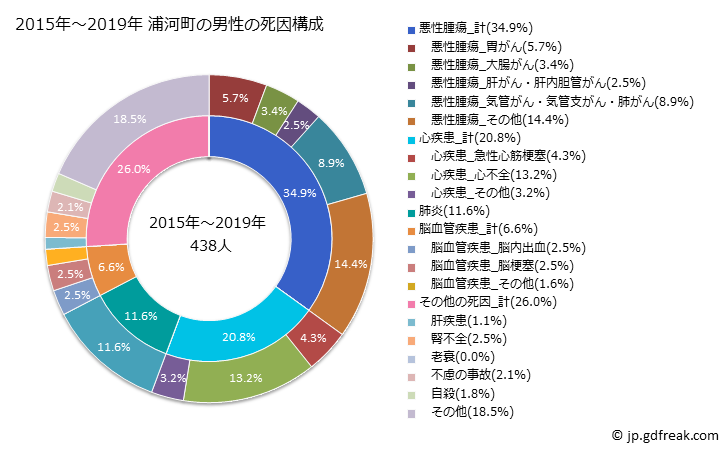 グラフ 年次 浦河町(北海道)の死亡原因の構成と死亡リスク格差(全国比) 2015年～2019年 浦河町の男性の死因構成