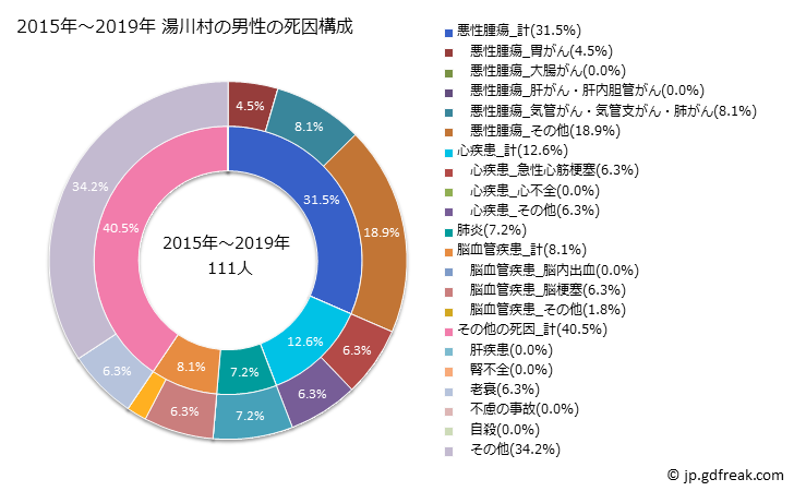 グラフ 年次 湯川村(福島県)の死亡原因の構成と死亡リスク格差(全国比) 2015年～2019年 湯川村の男性の死因構成
