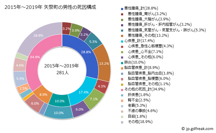 グラフ 年次 矢祭町(福島県)の死亡原因の構成と死亡リスク格差(全国比) 2015年～2019年 矢祭町の男性の死因構成