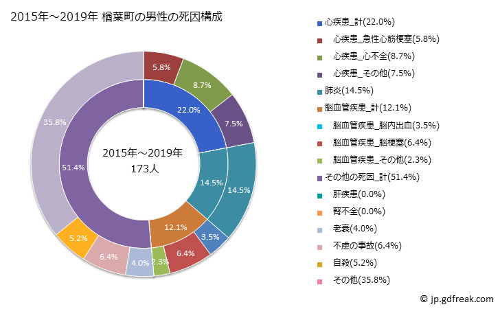 グラフ 年次 楢葉町(福島県)の死亡原因の構成と死亡リスク格差(全国比) 2015年～2019年 楢葉町の男性の死因構成