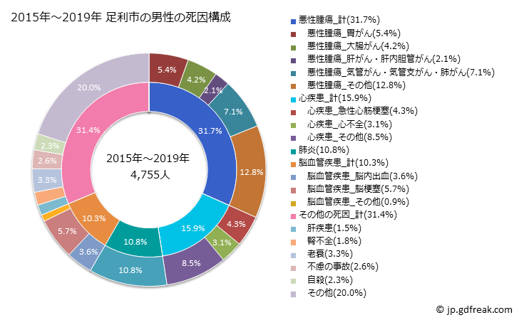 グラフ 年次 足利市(栃木県)の死亡原因の構成と死亡リスク格差(全国比) 2015年～2019年 足利市の男性の死因構成