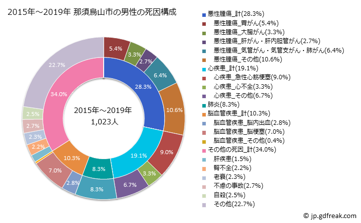 グラフ 年次 那須烏山市(栃木県)の死亡原因の構成と死亡リスク格差(全国比) 2015年～2019年 那須烏山市の男性の死因構成