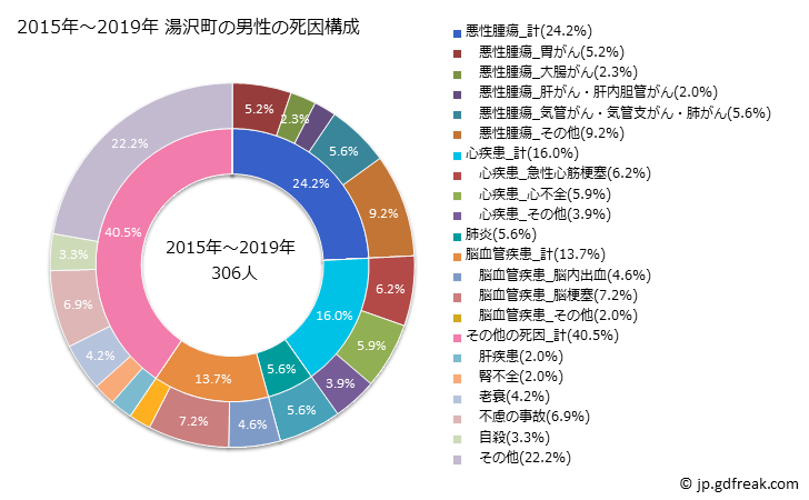 グラフ 年次 湯沢町(新潟県)の死亡原因の構成と死亡リスク格差(全国比) 2015年～2019年 湯沢町の男性の死因構成