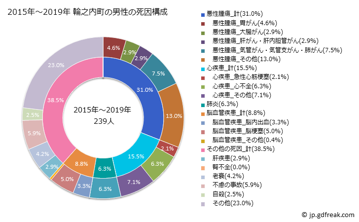 グラフ 年次 輪之内町(岐阜県)の死亡原因の構成と死亡リスク格差(全国比) 2015年～2019年 輪之内町の男性の死因構成