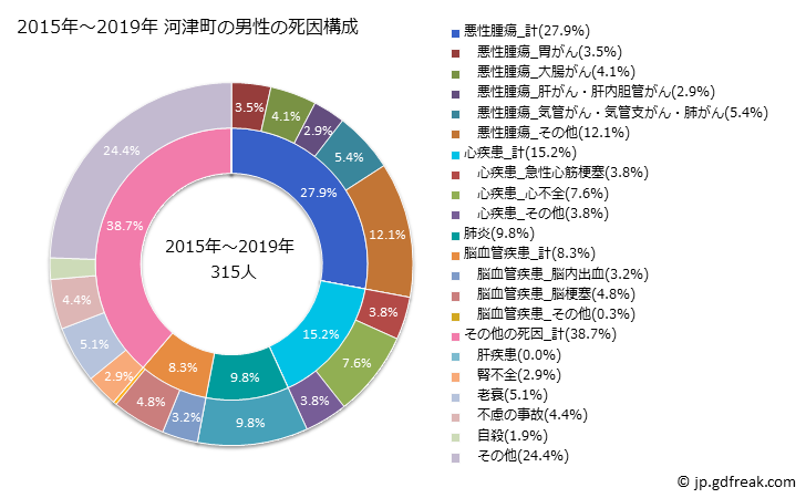 グラフ 年次 河津町(静岡県)の死亡原因の構成と死亡リスク格差(全国比) 2015年～2019年 河津町の男性の死因構成