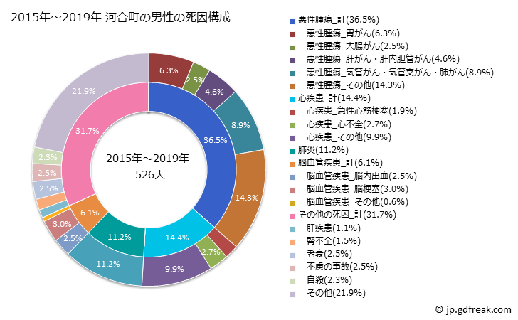 グラフ 年次 河合町(奈良県)の死亡原因の構成と死亡リスク格差(全国比) 2015年～2019年 河合町の男性の死因構成