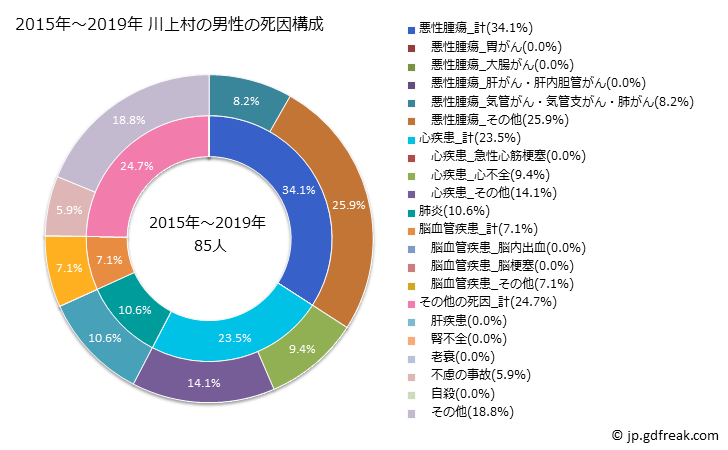 グラフ 年次 川上村(奈良県)の死亡原因の構成と死亡リスク格差(全国比) 2015年～2019年 川上村の男性の死因構成