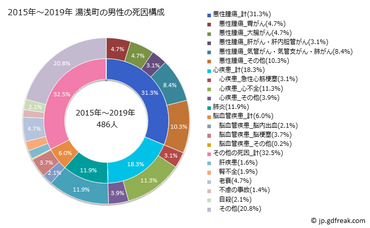 グラフ 年次 湯浅町(和歌山県)の死亡原因の構成と死亡リスク格差(全国比) 2015年～2019年 湯浅町の男性の死因構成