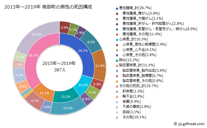 グラフ 年次 南部町(鳥取県)の死亡原因の構成と死亡リスク格差(全国比) 2015年～2019年 南部町の男性の死因構成