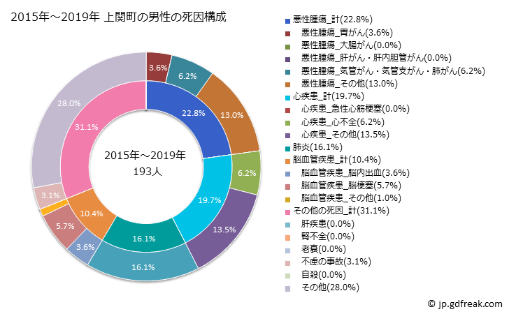 グラフ 年次 上関町(山口県)の死亡原因の構成と死亡リスク格差(全国比) 2015年～2019年 上関町の男性の死因構成