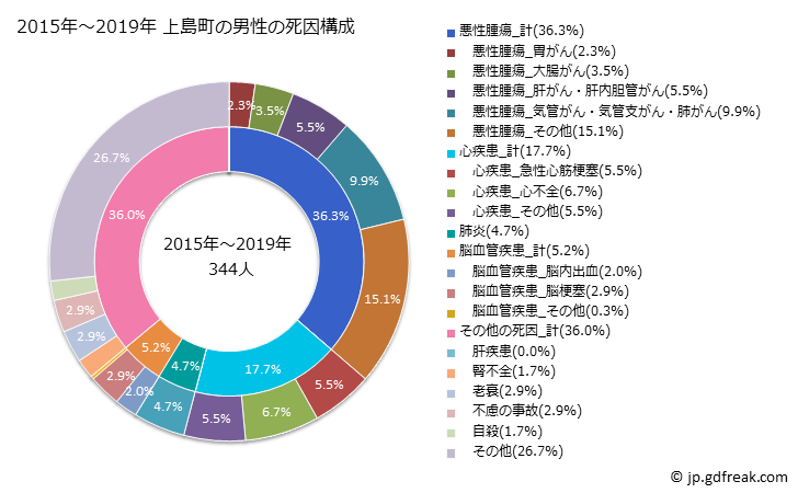 グラフ 年次 上島町(愛媛県)の死亡原因の構成と死亡リスク格差(全国比) 2015年～2019年 上島町の男性の死因構成