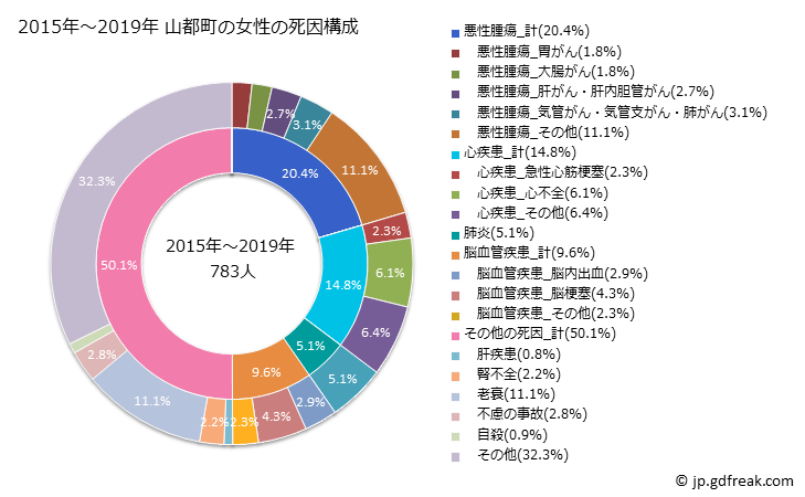 グラフ 年次 山都町(熊本県)の死亡原因の構成と死亡リスク格差(全国比) 2015年～2019年 山都町の女性の死因構成