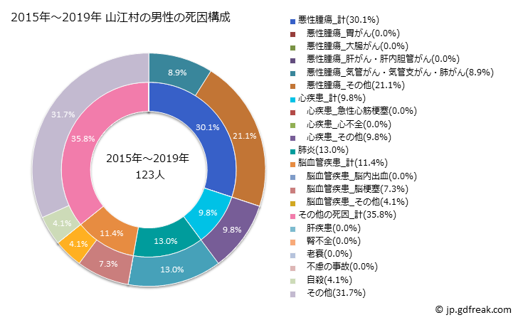 グラフ 年次 山江村(熊本県)の死亡原因の構成と死亡リスク格差(全国比) 2015年～2019年 山江村の男性の死因構成
