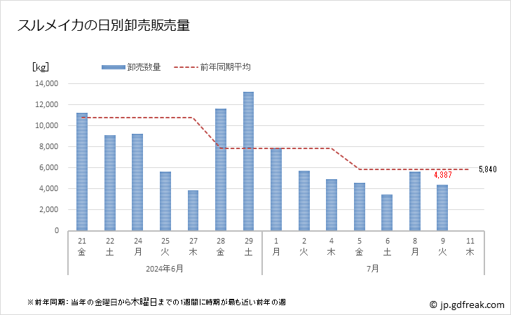 グラフ 豊洲市場のスルメイカ(鯣烏賊)の市況(値段・価格と数量) スルメイカの日別卸売販売量