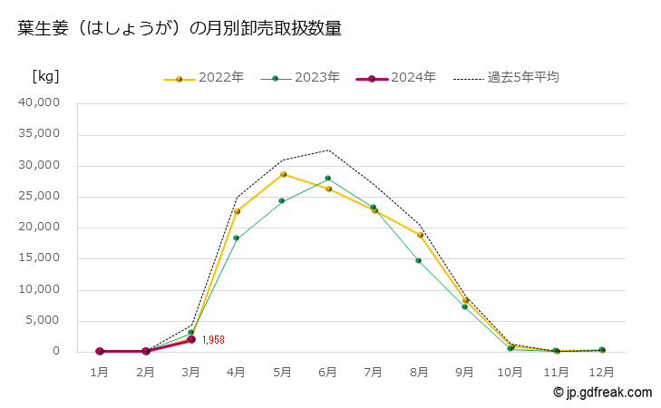 グラフ 大田市場の葉生姜（はしょうが）の市況（月報） 葉生姜（はしょうが）の月別卸売取扱数量