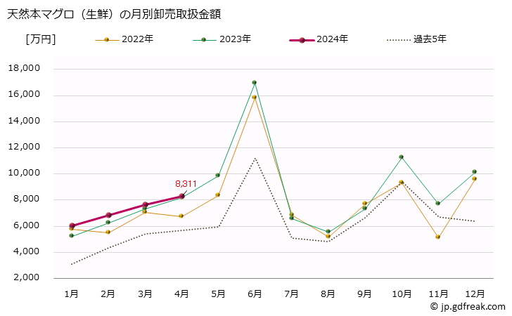 グラフ 大阪・本場市場の生鮮ホンマグロ(クロマグロ,黒鮪)の市況(値段・価格と数量) 天然本マグロ（生鮮）の月別卸売取扱金額