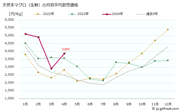 グラフ 大阪・本場市場の生鮮ホンマグロ(クロマグロ,黒鮪)の市況(値段・価格と数量) 天然本マグロ（生鮮）の月別平均卸売価格