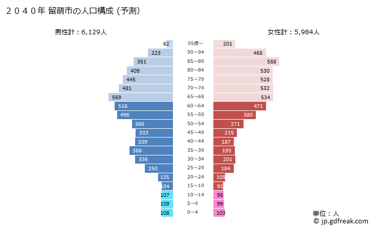 グラフ 留萌市(ﾙﾓｲｼ 北海道)の人口と世帯 2040年の人口ピラミッド（予測）